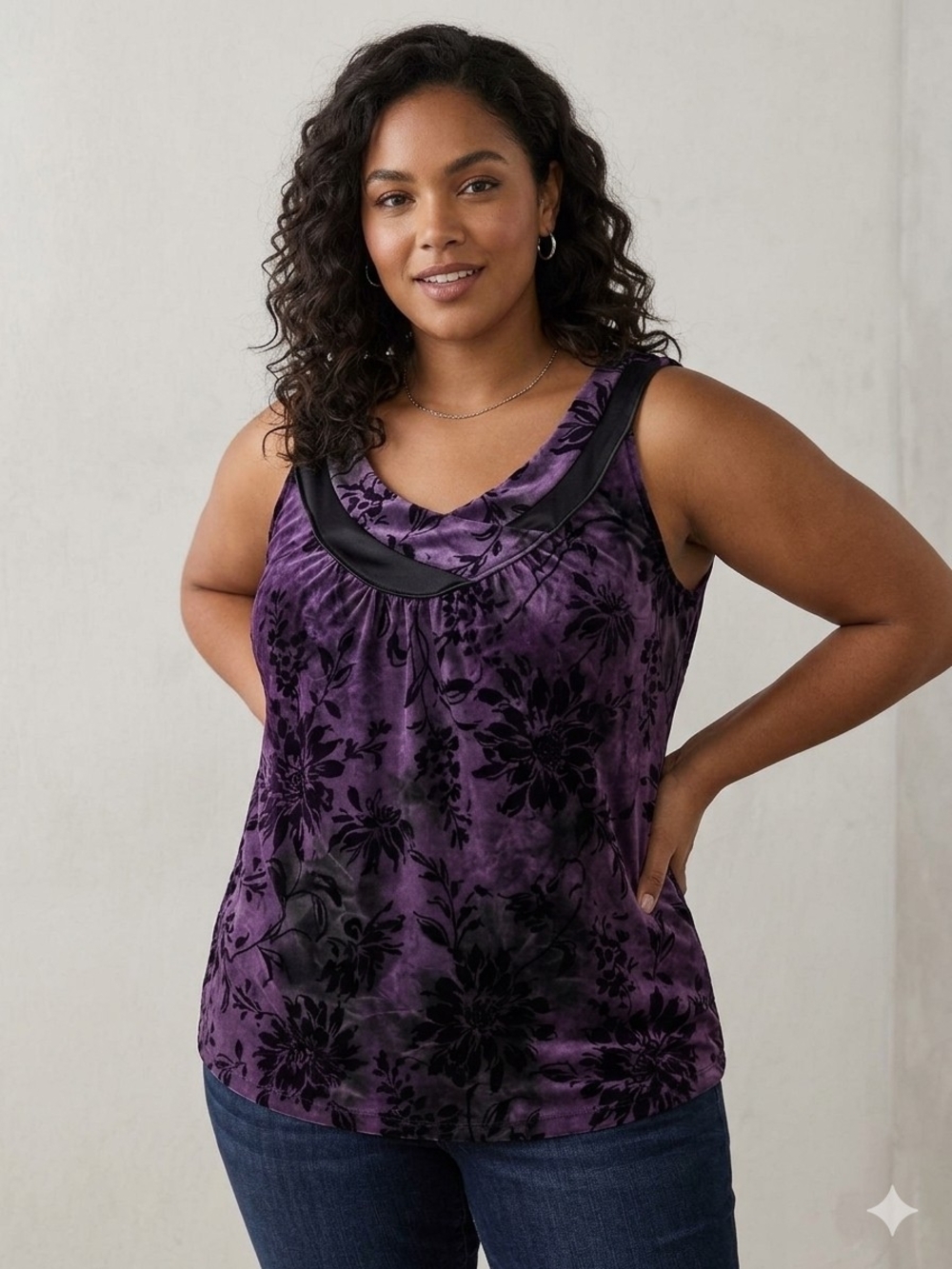 dressbarn Purple Floral Velvet Tank with Black Trim